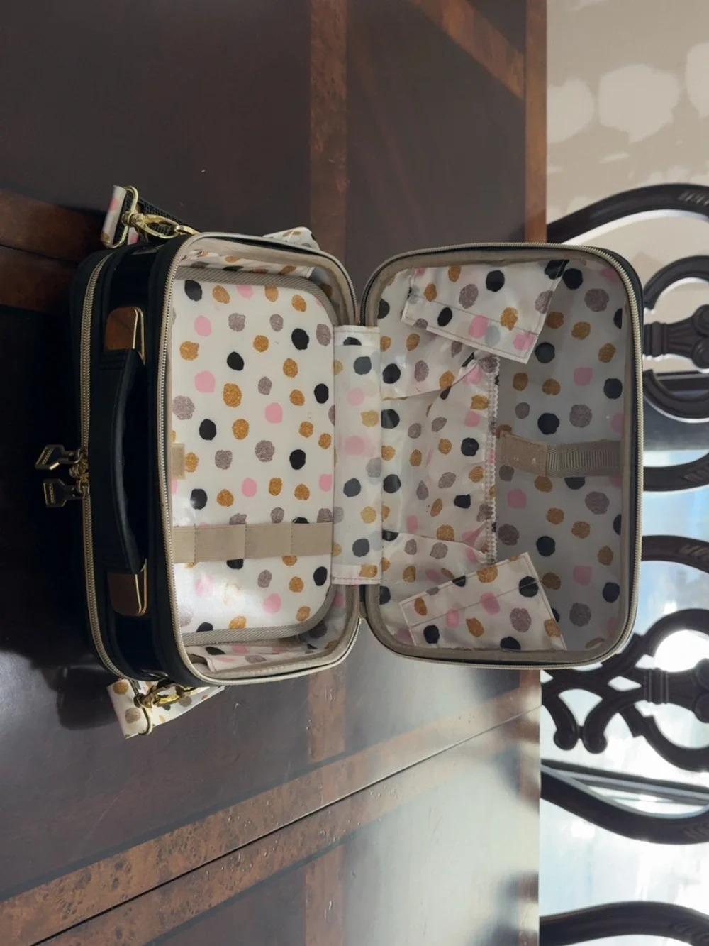Black Quilted Crossbody Makeup Bag with Polka Dot Strap & Interior